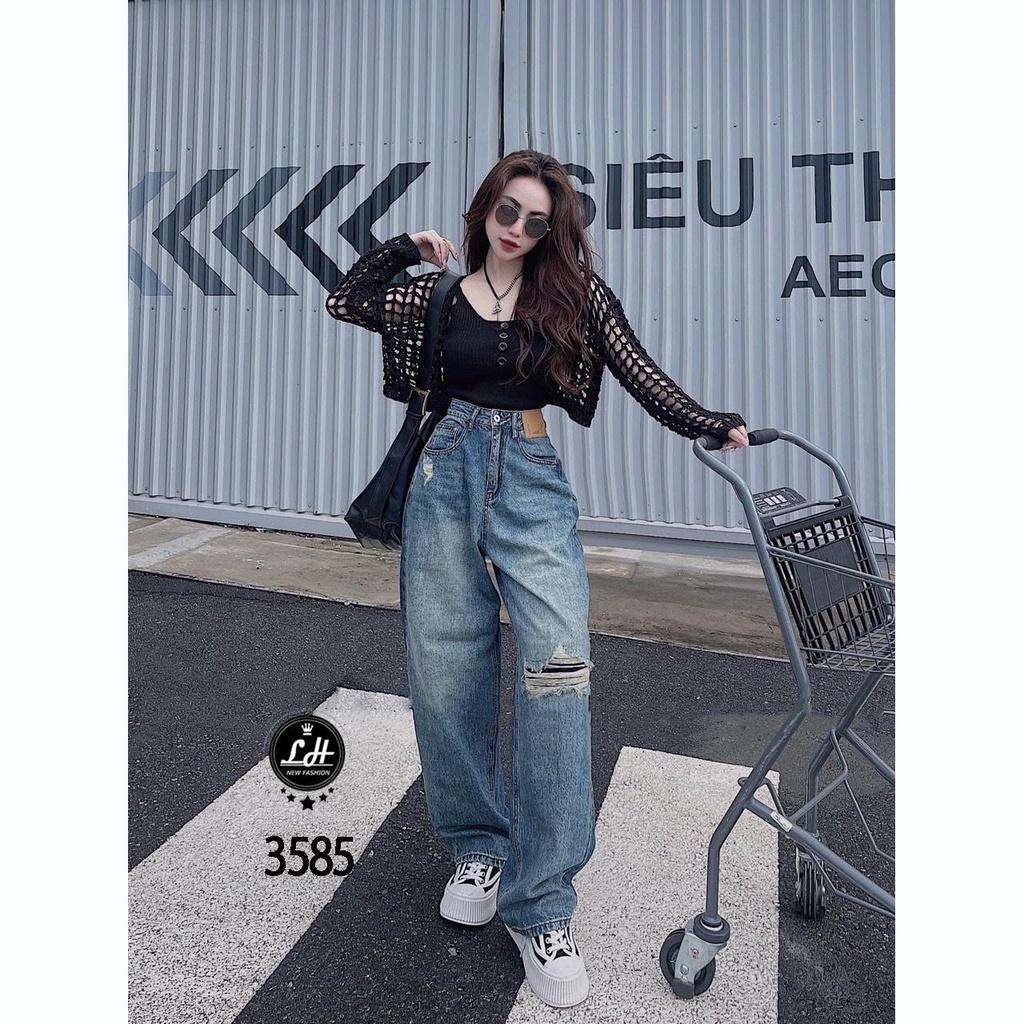 Quần jean nữ ống rộng, quần bò màu xanh rách gối rách lưng có tag cạp cao Lê Huy Fashion MS 3585
