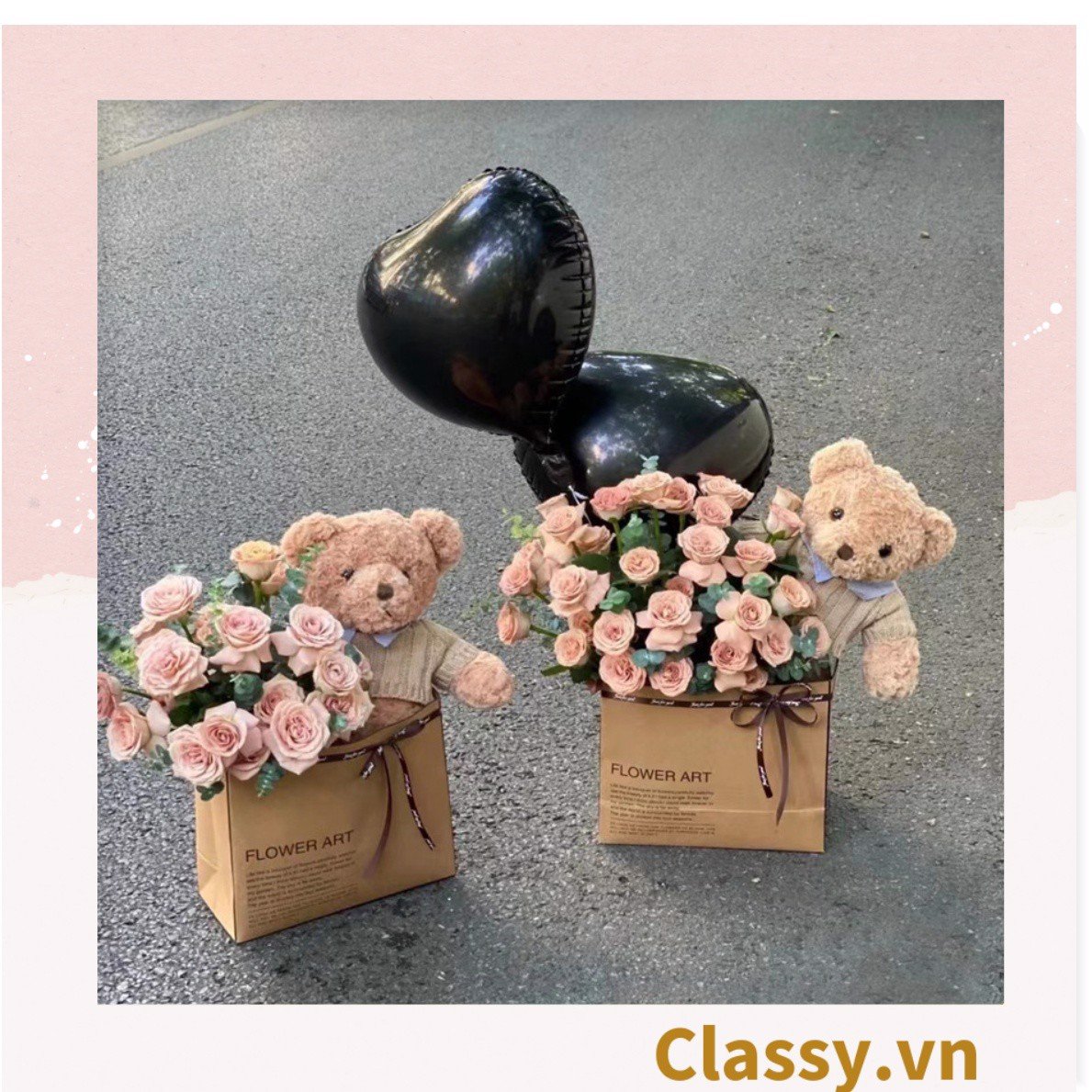 Túi giấy quai xách 30 X 25 X 13 cm đựng hoa trang trí in chữ Flower Art màu Nâu kraft vintage Q1727