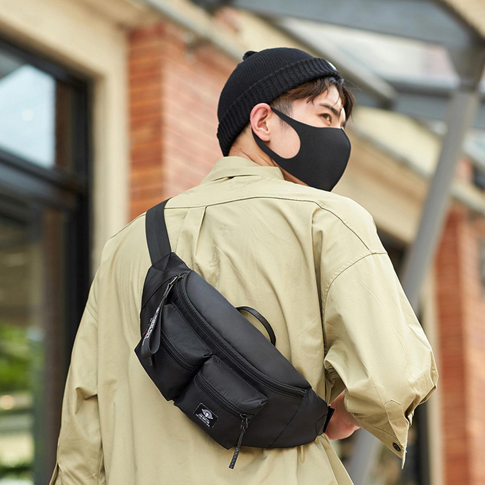 Women Men Black Waist Bag with Pocket Zip Adjustable Strap Multipurpose Belt Bag Shoulder Bag