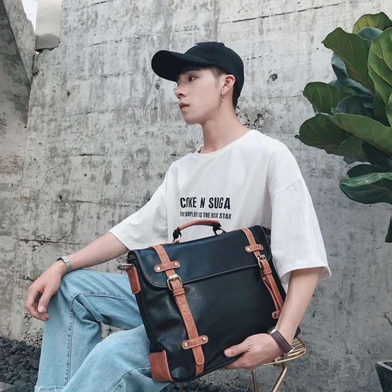 Men's Fashion Business Pu Leather Messenger Bag - Black