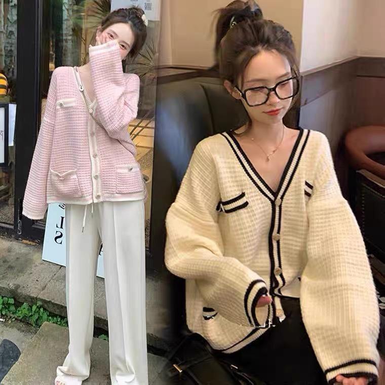 MS827 Áo khoác cardigan len nữ viền màu cổ tim giả túi