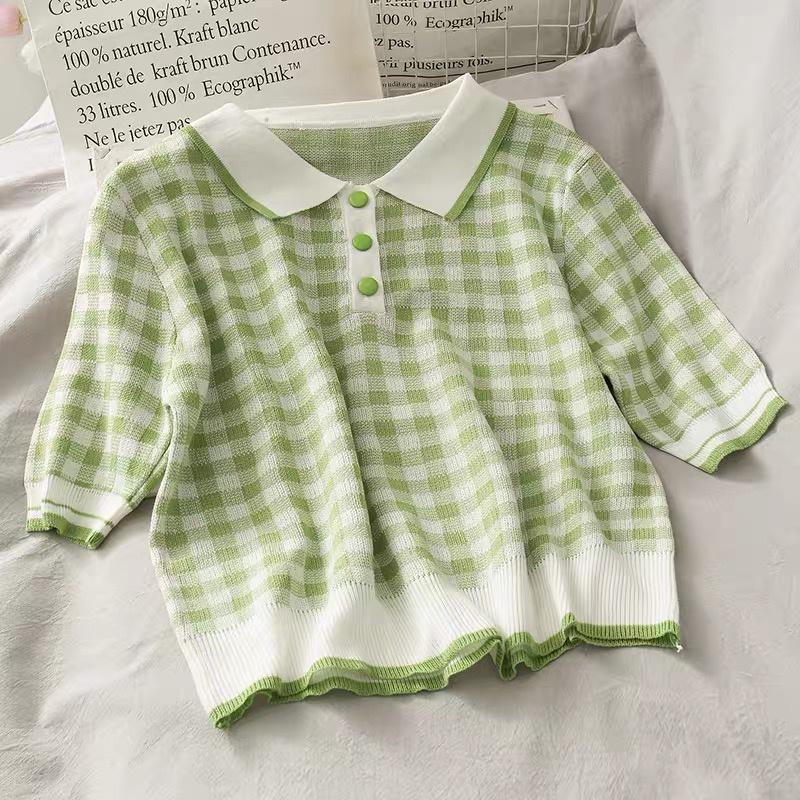 Áo polo caro dệt kim nữ tay ngắn dáng rộng len mongtogi kiểu cổ bẻ phối màu thời trang hàng đẹp Quảng Châu cao cấp