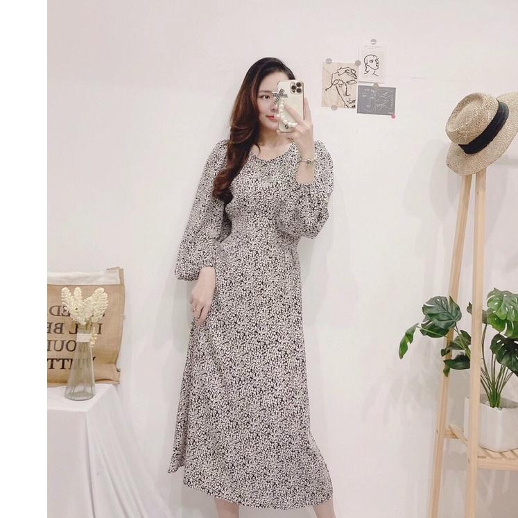 ĐẦM HOA TAY DÀI CỔ TRỔN - Hình Shop Chụp Thật
