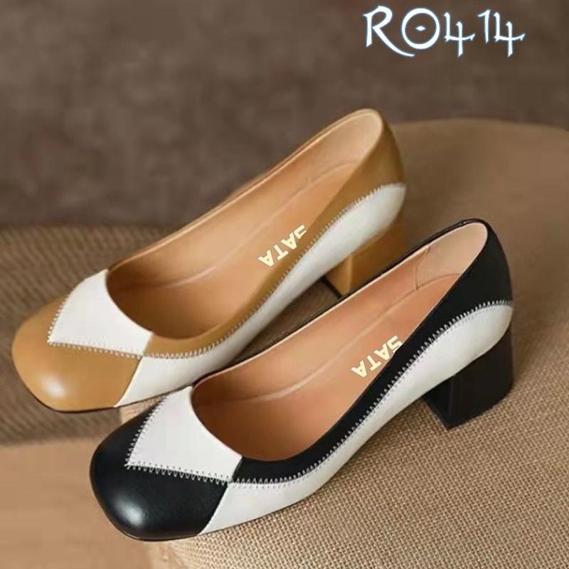 Giày nữ công sở phối màu chỉ nổi cao cấp ROSATA RO414 - 4p - Đen, Vàng - HÀNG VIỆT NAM - BKSTORE
