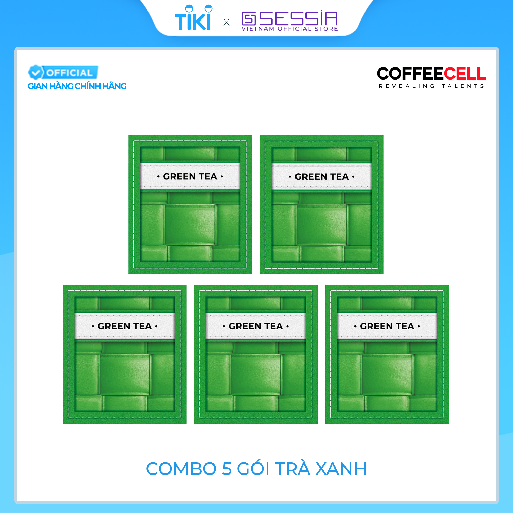 Combo 5 Gói Trà Xanh Với Nhân Sâm Trắng Thượng Hạng COFFEECELL - Trà nguyên lá ngọt thanh, Chống oxy hóa, Tăng cường tập trung - Hàng Chính Hãng