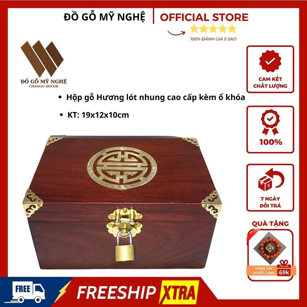 Hộp gỗ Hương đựng 3-4 condấu lót nhung size 19 kèm ổ khóa