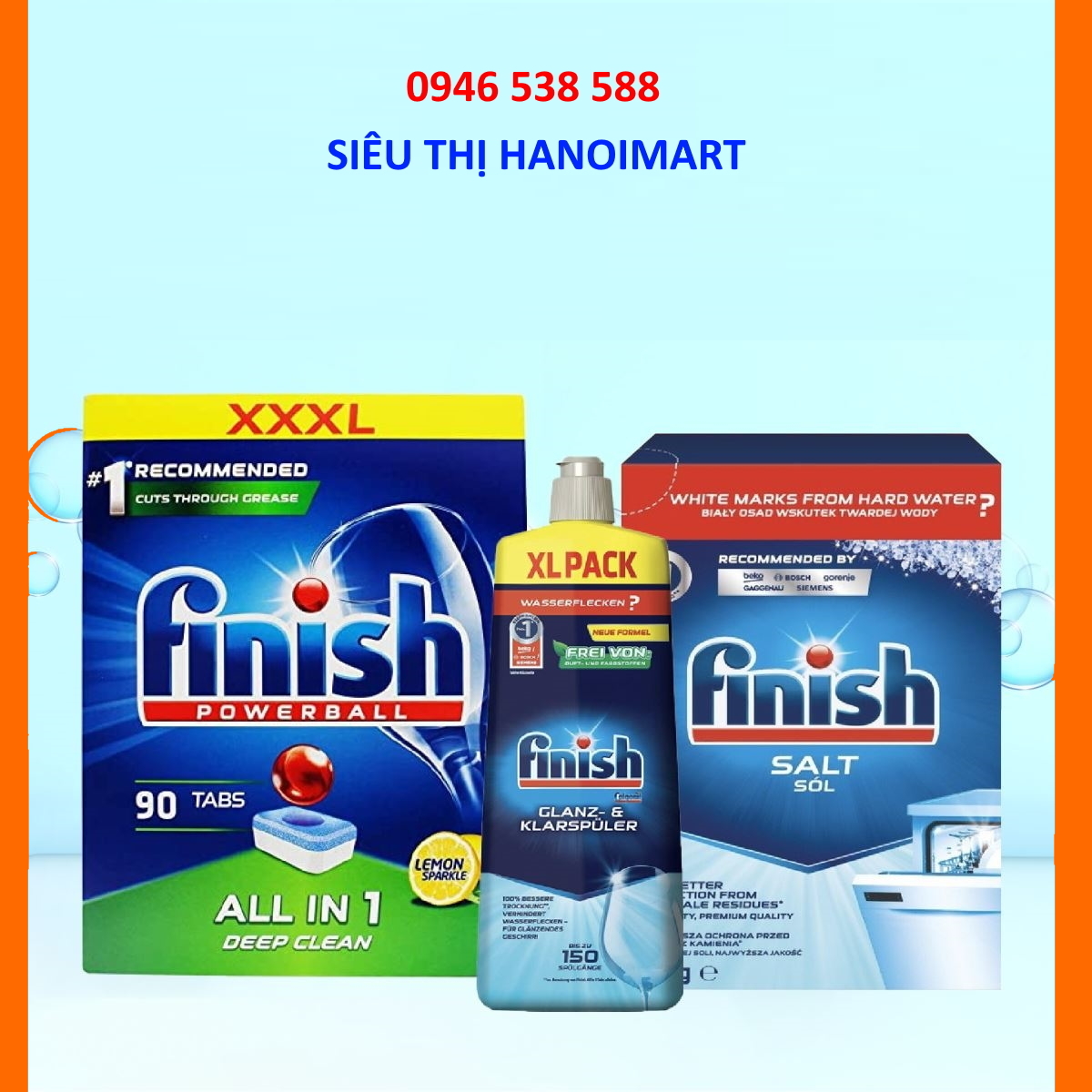 Combo Viên rửa bát Finish All in one 100 viên + Muối Finish 4.0kg + Nước làm bóng Finish 1150ml