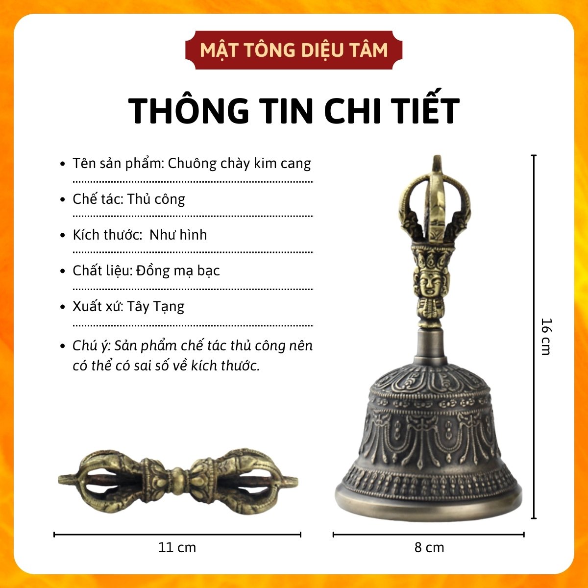 Chuông chày kim cang - Linh đồng - chuông lắc - chuông tay - pháp khí mật tông bằng đồng tráng bạc cỡ lớn MS1K Diệu Tâm