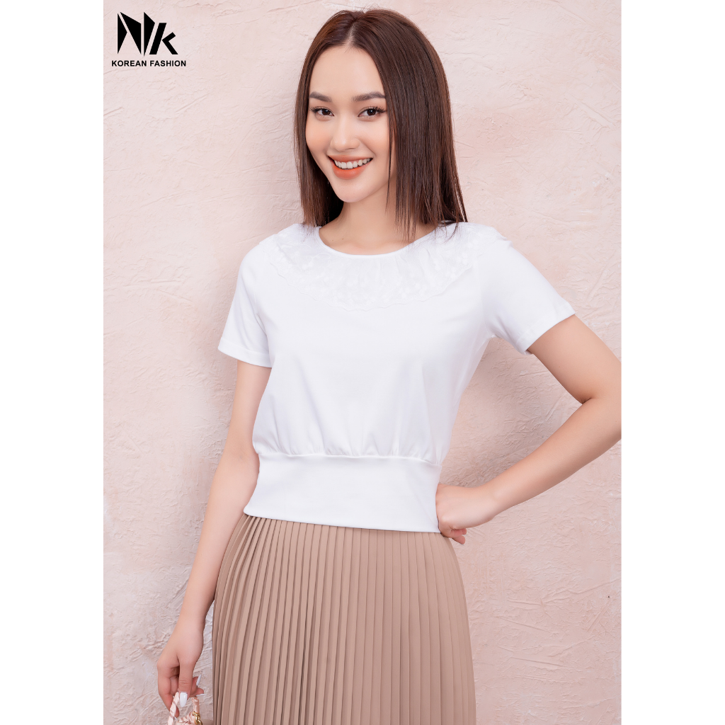 Áo Thun Nữ NK Fashion Thiết Kế Cổ Bèo Thanh Lịch, Chất Liệu Vải Nhập Khẩu Hàn Mềm Mại, Thoáng Mát NKAT2201006