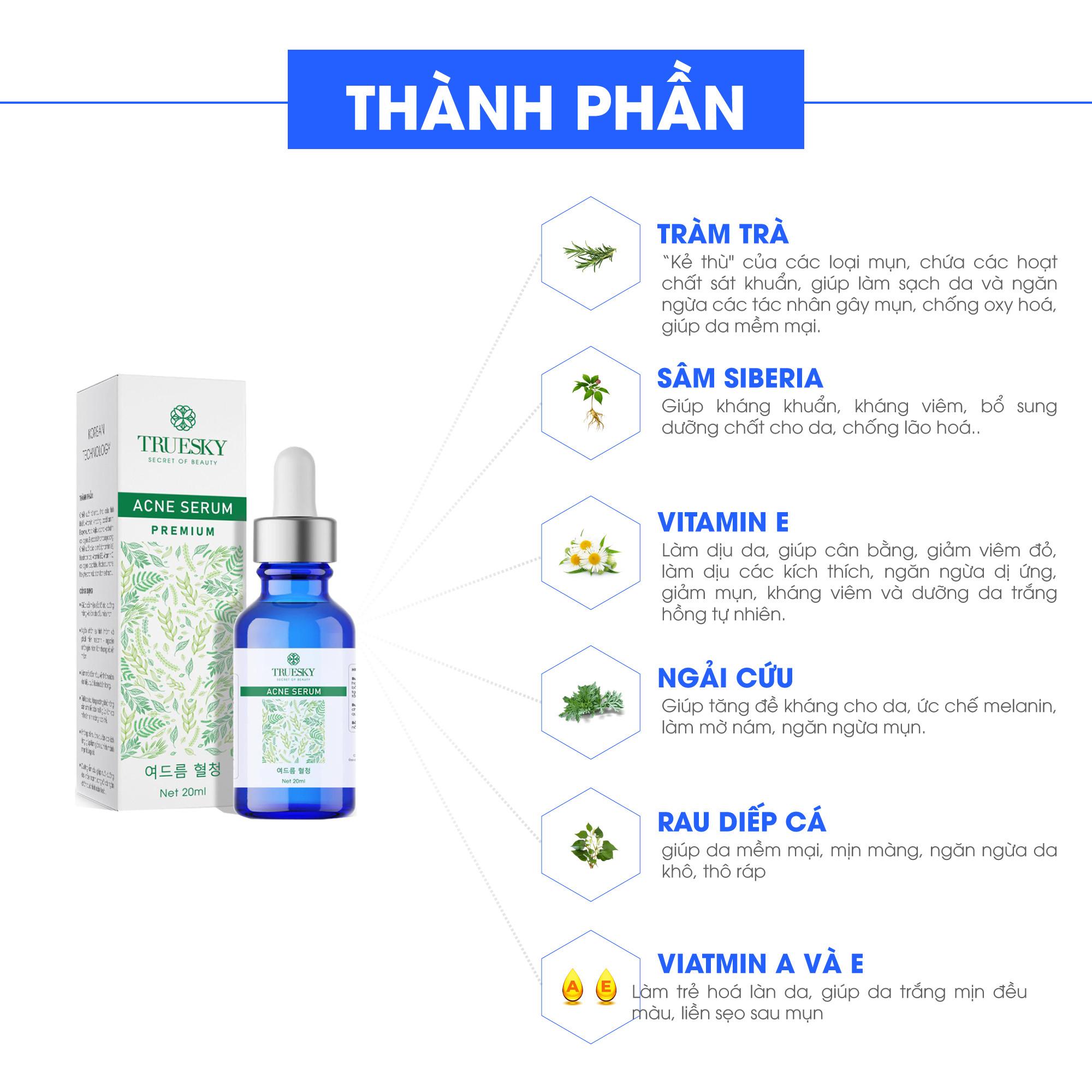 Serum ngừa mụn trắng da Truesky Premium chiết xuất tràm trà thiên nhiên 20ml - Acne Serum