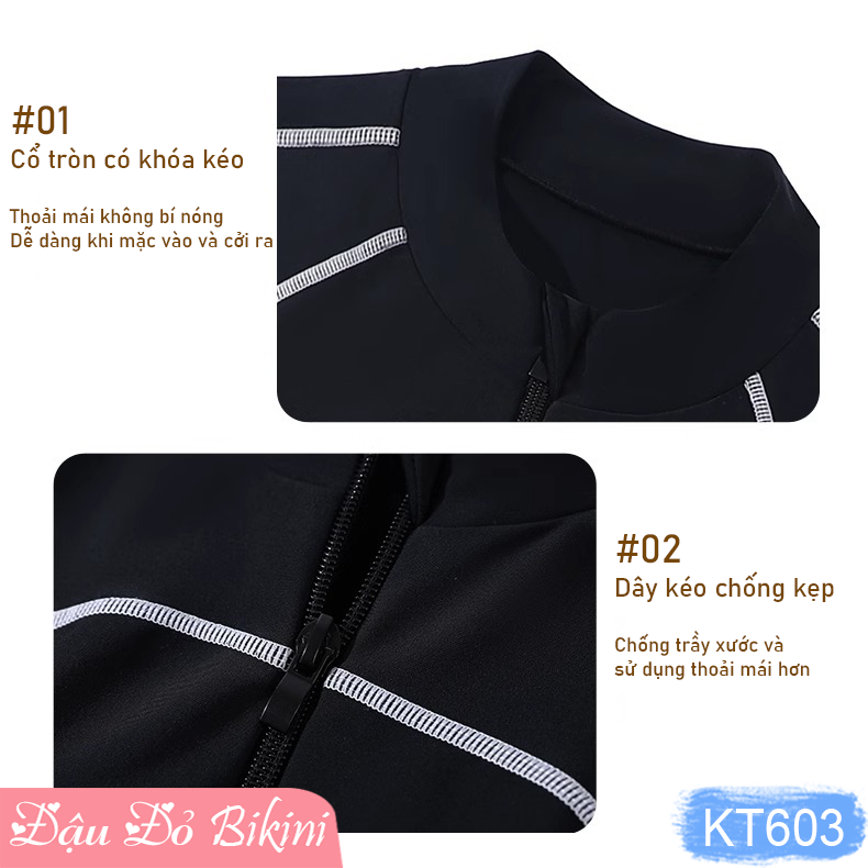 Bộ bơi nữ trẻ trung cá tính, áo crop top dài tay kín đáo có khóa kéo trước, quần bơi 2 lớp thể thao hiện đại, thun bơi lạnh mịn đẹp | KT603