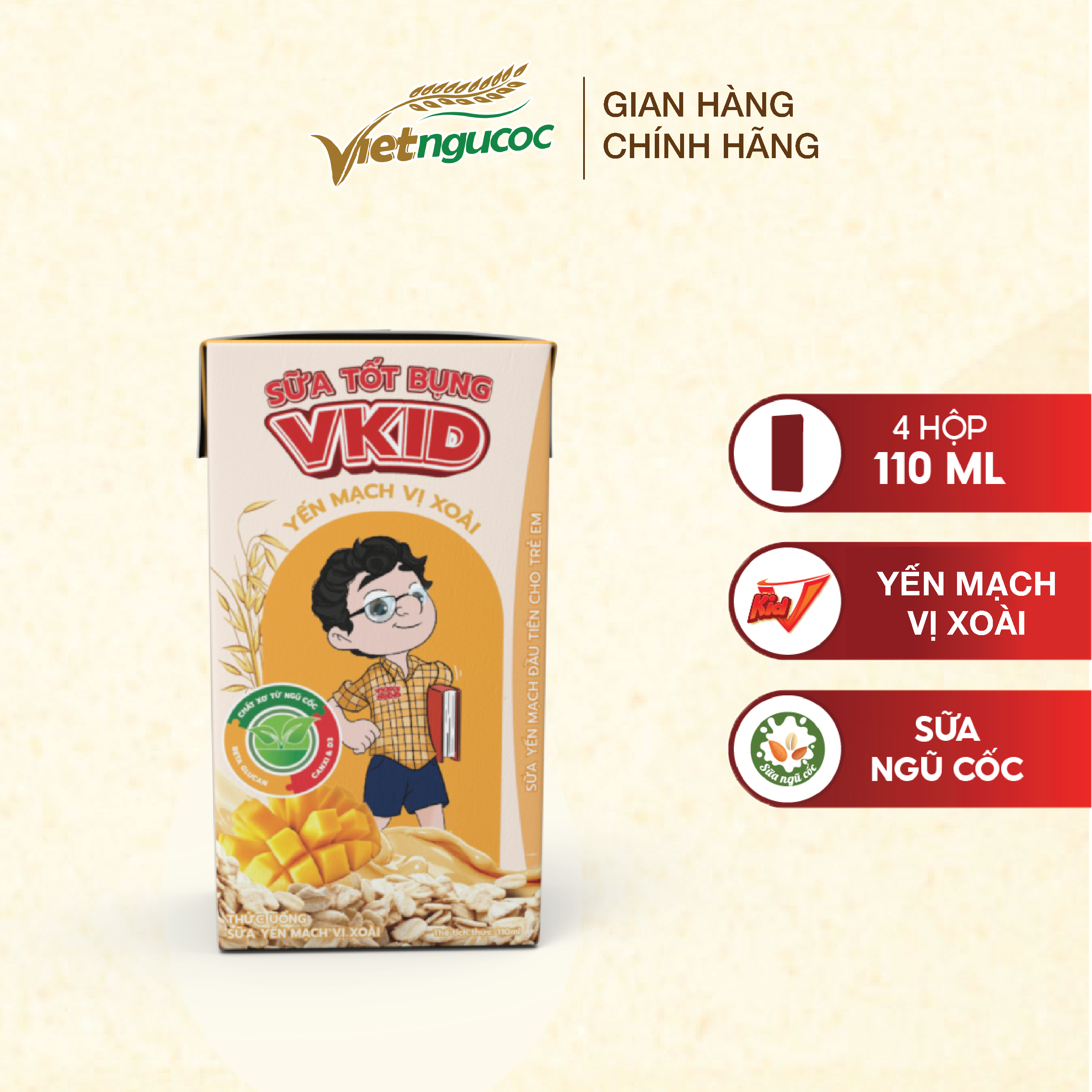 Thùng 48 Hộp Sữa Yến Mạch V-kid Việt Ngũ Cốc Vị Xoài 110ml/Hộp