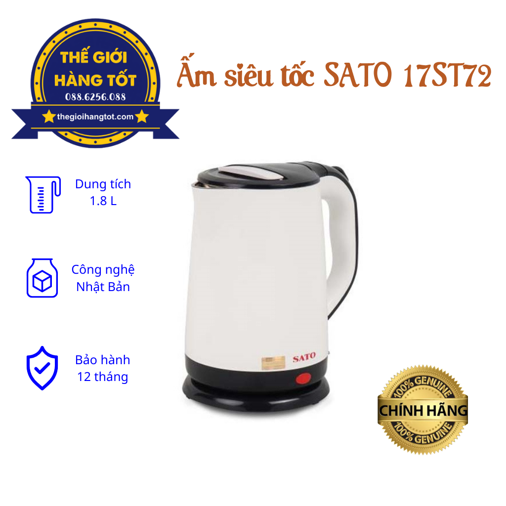 Ấm siêu tốc SATO 17ST72 1,8L - Hàng chính hãng - Inox cao cấp không gỉ, cảm biến nhiệt độ, công nghệ Nhật Bản