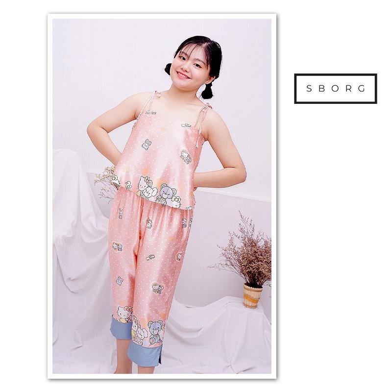 Đồ bộ mặc nhà SBORG bộ lửng nữ 2 dây mặc nhà họa tiết kitty cute đáng yêu phối quần lai xẻ có túi freesize dưới 58kg quà tặng vợ , thoải mái mặc ngủ hoặc đi ra ngoài
