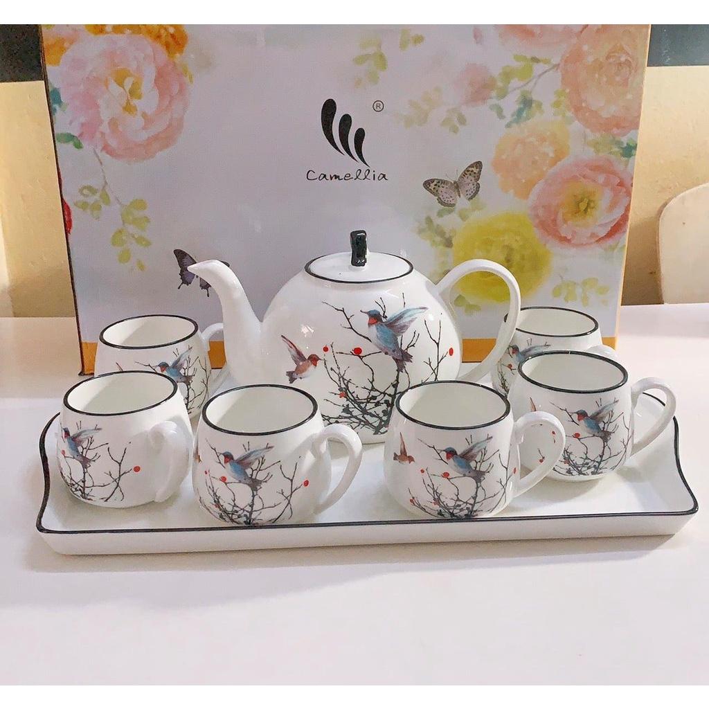 BỘ ẤM CHÉN PHA TRÀ KÈM KHAY SỨ HOA TIẾT HOA