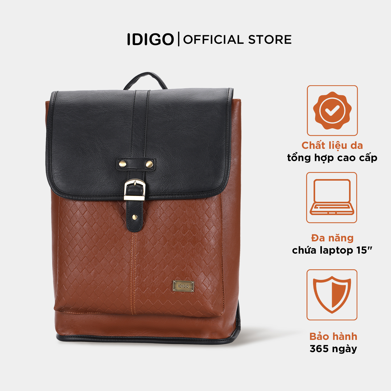 Balo đựng laptop 15 inch họa tiết dập nổi, ba lô da nam nữ đựng tài liệu A4 IDIGO UBP2 - 6029