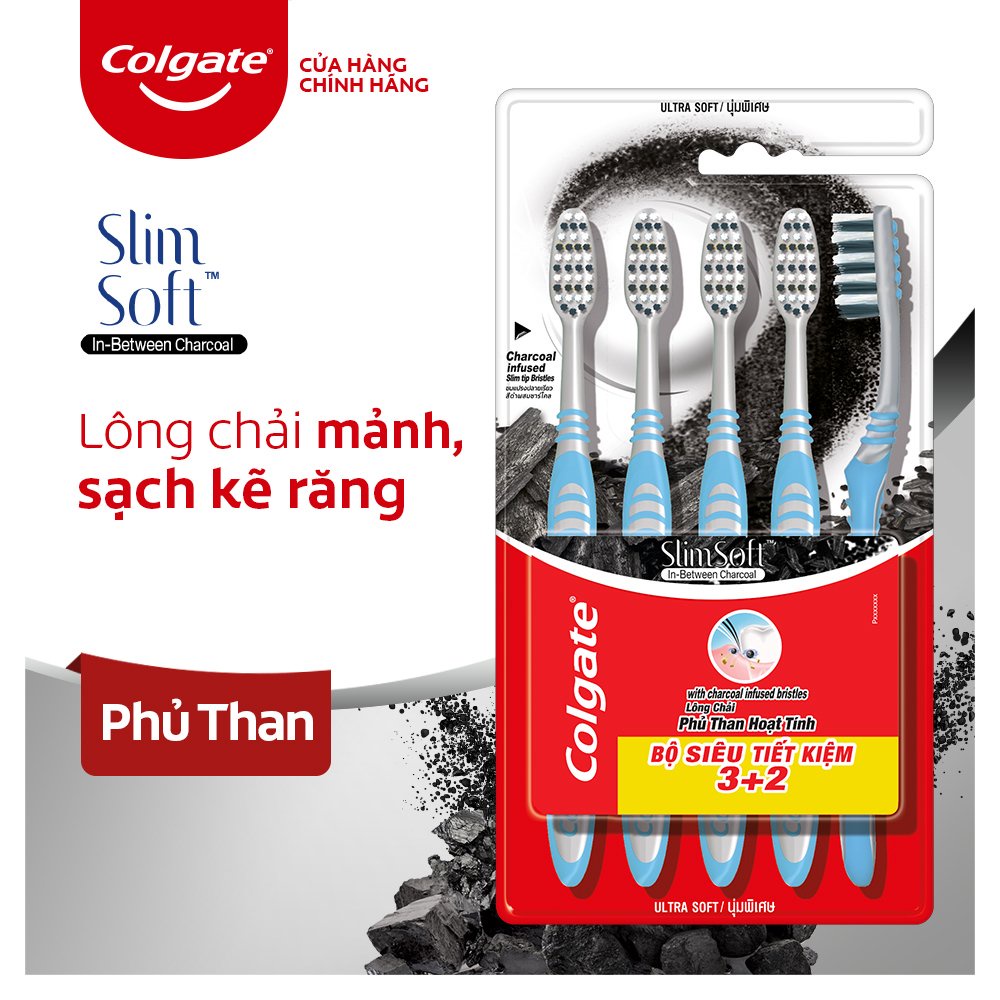 Bộ 5 Bàn chải Colgate Slimsoft Between Charcoal lông chải mềm mảnh xen sợi phủ than hoạt tính (Màu Ngẫu Nhiên)