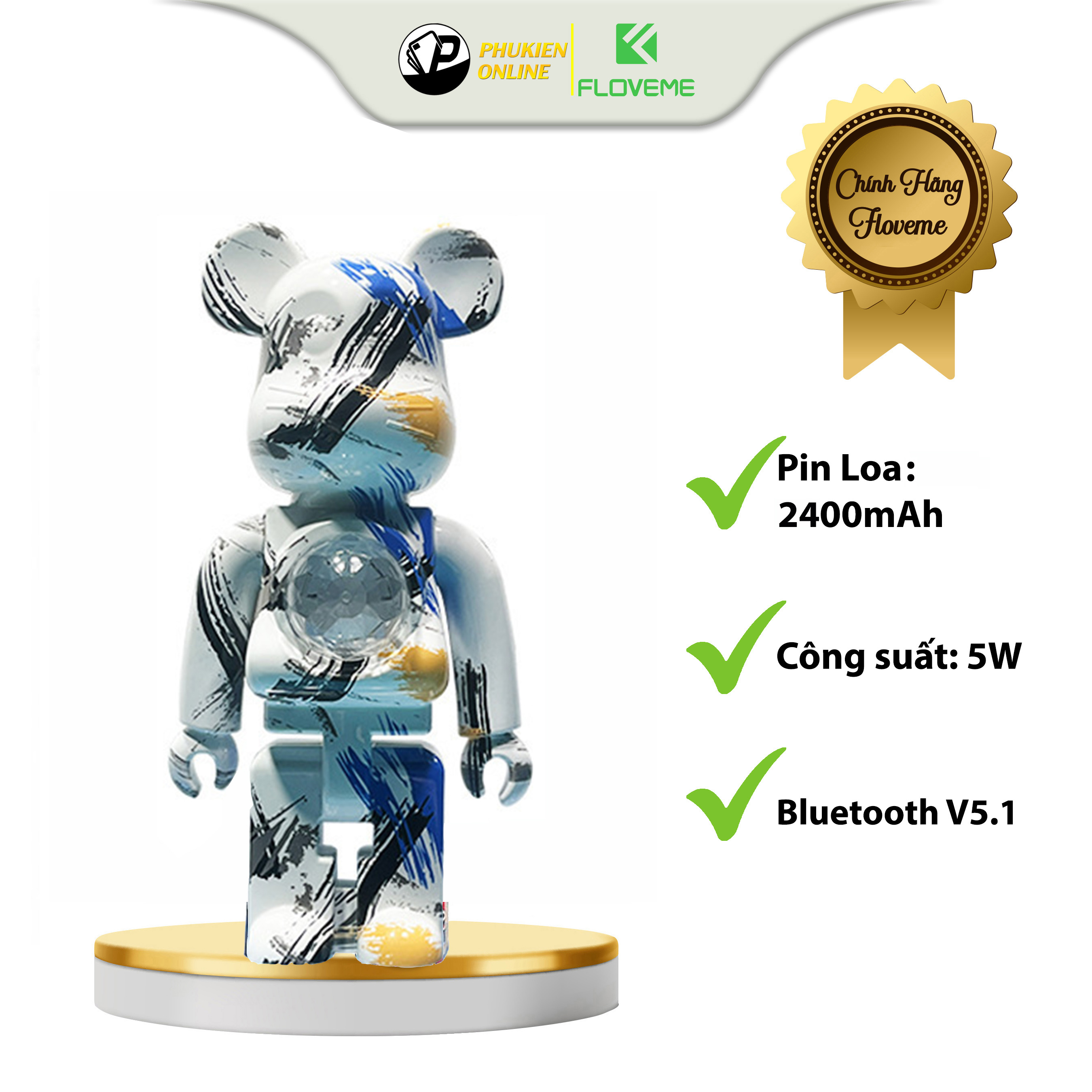 Loa Bluetooth Gấu Bearbrick Đèn Led Floveme Shen Lian, Nhỏ Gọn, Âm Thanh To Rõ Nét, Pin Dùng 3 - 5h , Decor Bàn Làm Việc - Hàng Chính Hãng