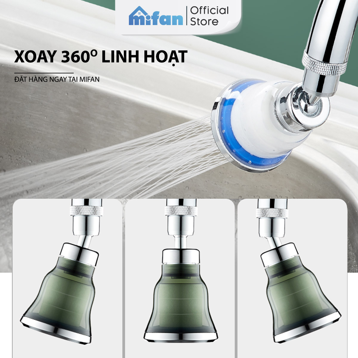 Đầu vòi rửa bát tăng áp lọc nước Mifan -  Lõi PP loại bỏ cặn bẩn, clo, màu và mùi, cổ xoay 360 bồn rửa chén