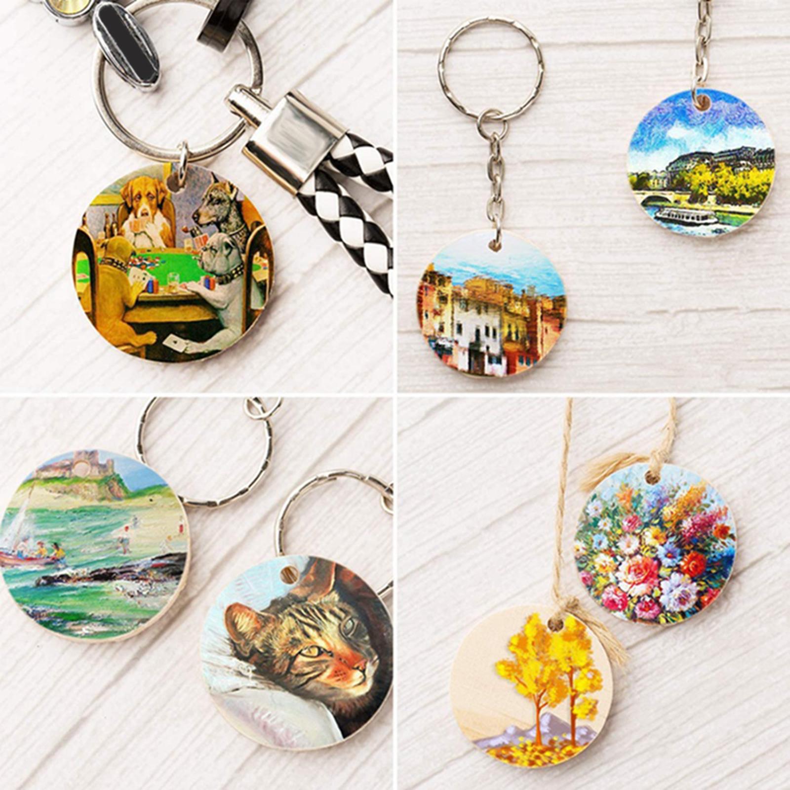 Wooden Keychain Blanks, Round Wooden Slices Pendant Charm Key Chains Blanks and Keychain Pendant Keyring for DIY Key Rings