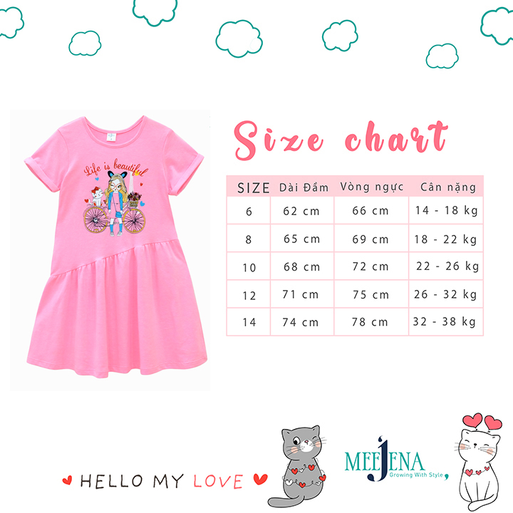 Đầm bé gái ngắn tay in cô gái từ 14-38 kg MEEJENA 100% COTTON 4C - 2034