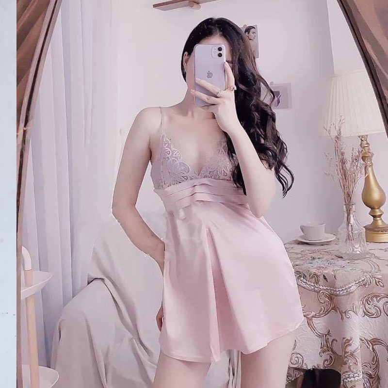 Váy ngủ lụa cao cấp Q77 - váy ngủ nữ, váy ngủ 2 dây, váy ngủ gợi cảm, váy ngủ sexy, đầm ngủ lụa mặc nhà hai dây phối ren ngực