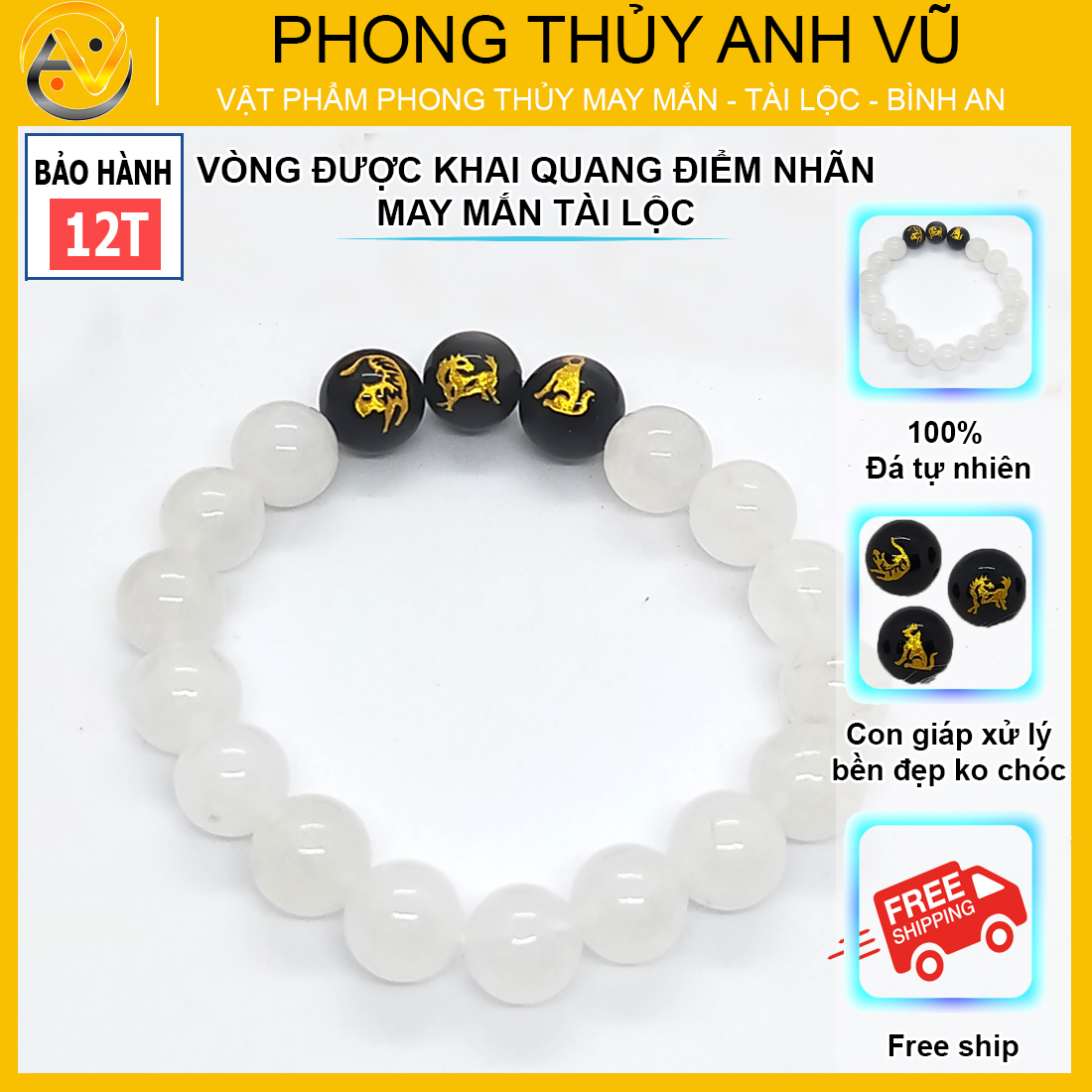 Vòng tay đá mã não tam hợp dần ngọ tuất - size 8 10ly cho nữ mệnh thủy, mệnh kim - có khai quang điểm nhãn may mắn tài lộc - bảo hành 12 tháng - PHONG THỦY ANH VŨ