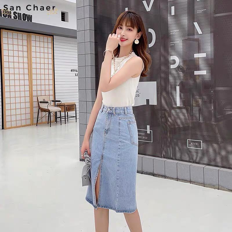 Chân váy jean dài xẻ trước cạp khóa giữa vải bò chân váy midi denim Ulzzang thời trang Banamo Fashion 562