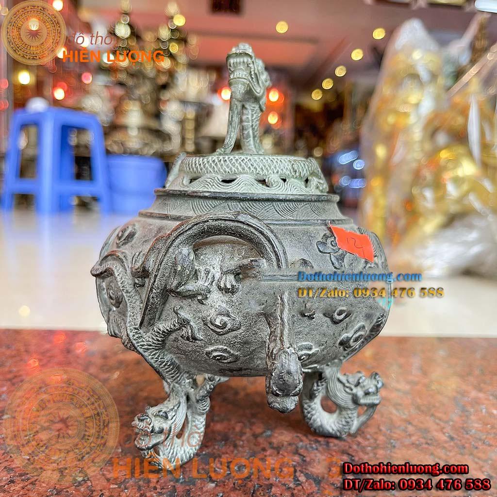 Đỉnh Xông Trầm Nắp Đầu Rồng Và Chân Rồng Màu Giả Cổ Bằng Đồng Đẹp