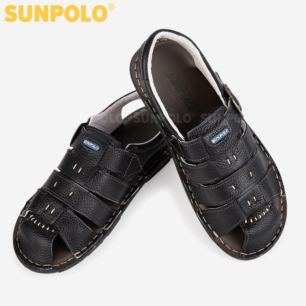 Sandal Bít Mũi Nam Da Bò Cao Cấp SUNPOLO SDA008 Thanh lịch (Đen)