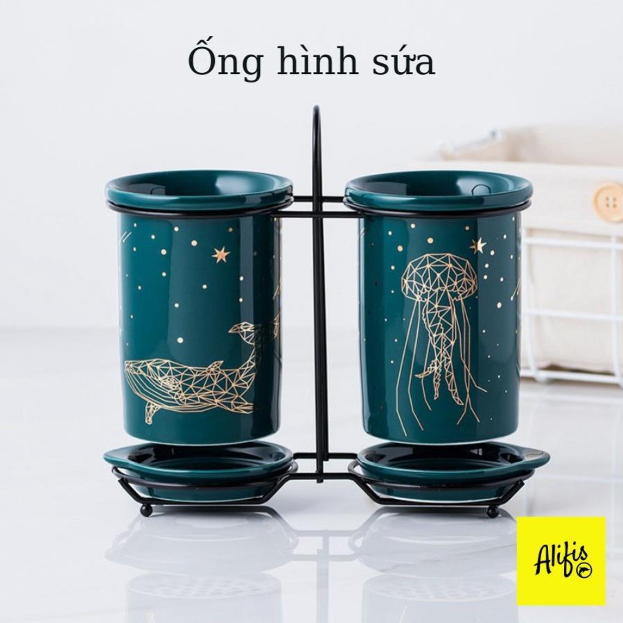 Ống đựng đũa thìa bằng sứ cao cấp phong cách Bắc Âu – xanh cổ vịt sang trọng – HÀNG CÓ SẴN