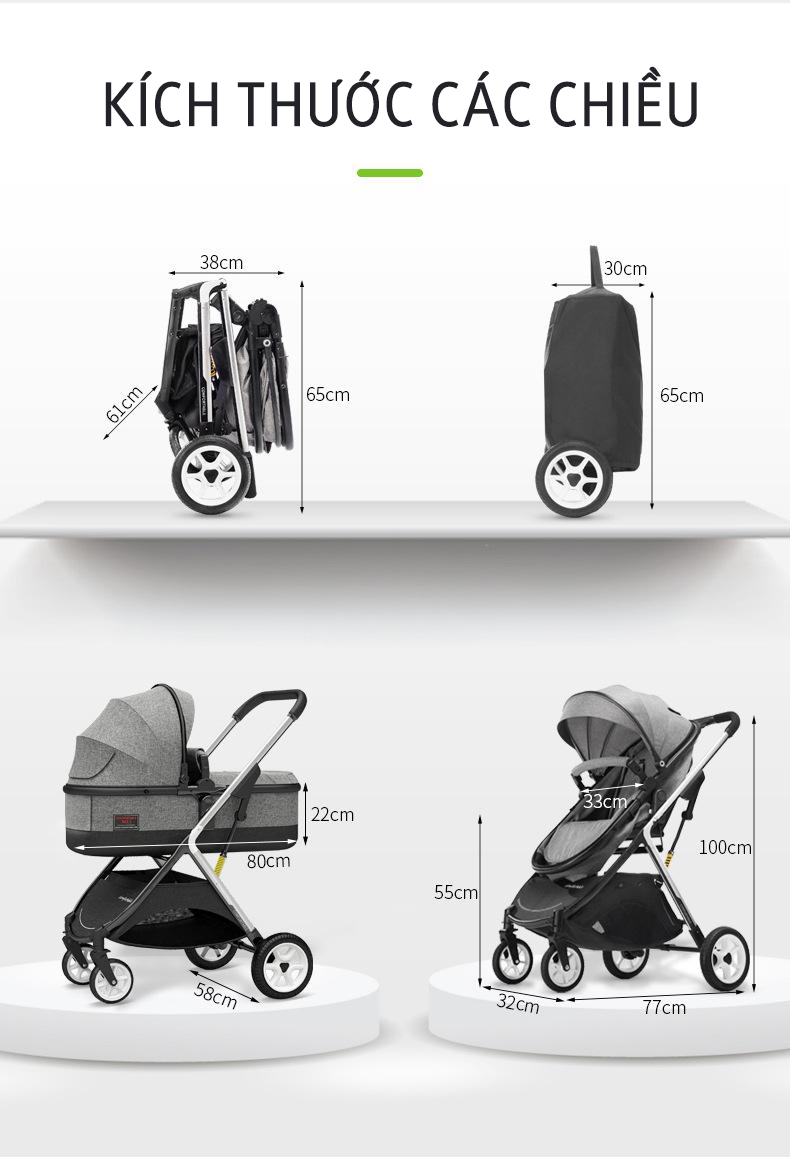 Xe đẩy trẻ em 2 chiều 3 tư thế gấp gọn, xe đẩy du lịch, xe đẩy nôi cho bé siêu nhẹ, chỉ 7KG  ( xám )