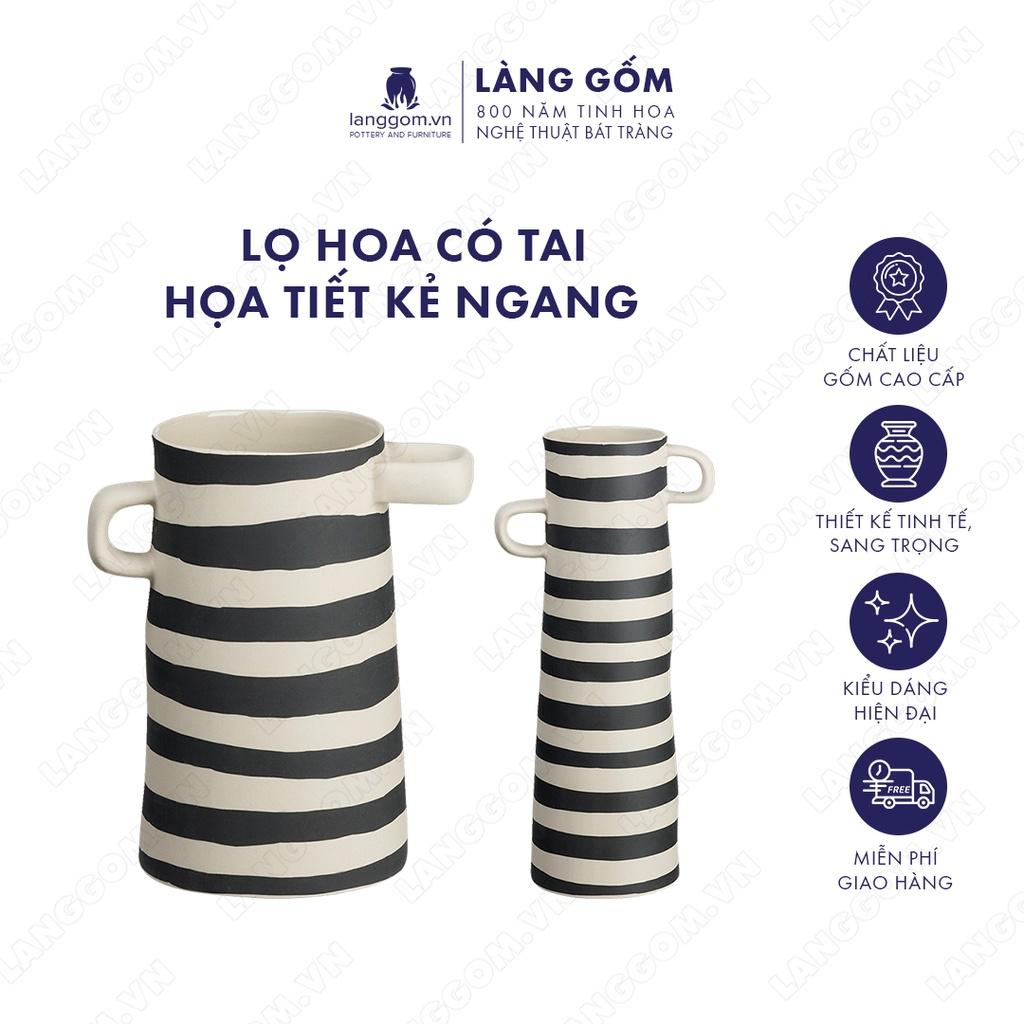 Bình hoa, lọ hoa Gốm sứ Bát Tràng cao cấp Men mát có tai họa tiết kẻ ngang làm quà tặng, trang trí - Làng Gốm Bát Tràng