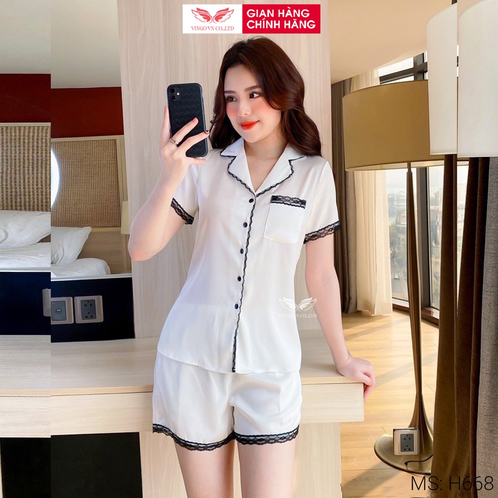 Đồ bộ mặc nhà Pijama VINGO tay ngắn quần đùi lụa Pháp trơn phối viền ren sang trọng mặc mùa hè thoải mái H668 VNGO TCQC