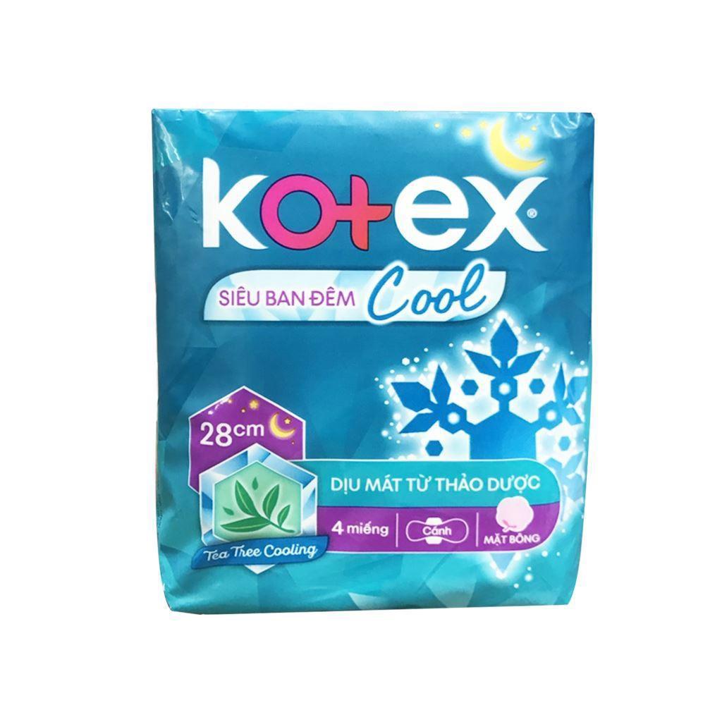 Băng Vệ Sinh Kotex siêu ban đêm Cool mặt bông cánh 28cm Gói 4 Miếng