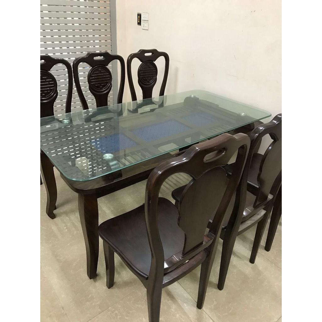Bàn Ghế Ăn Mặt Kính 2 Tầng Gỗ Tự Nhiên Cao Cấp