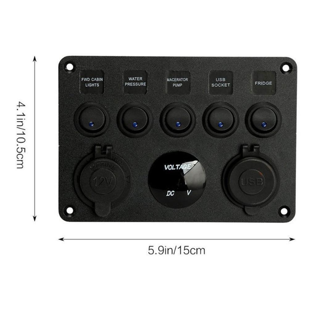 12-24V Dual USB Port Charger Voltmeter 5 Gang Toggle Switch Panel Red LED