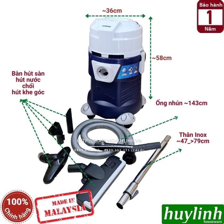 Máy hút bụi công nghiệp Tiross TS9301 - Dung tích 32 lít - Sản xuất tại Malaysia - 3 Chức năng Hút khô - ướt - thổi bụi - Hàng chính hãng