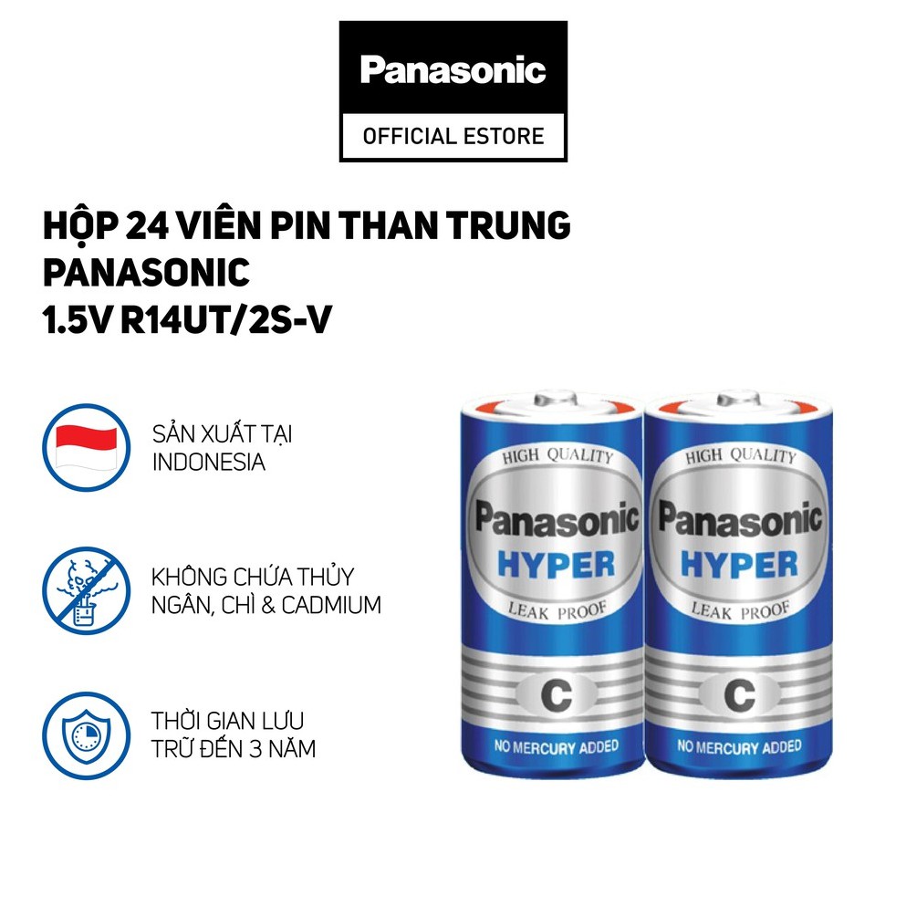 Hộp 24 viên pin than trung Panasonic 1.5V R14UT/2S-V (Xanh) - Hàng Chính Hãng