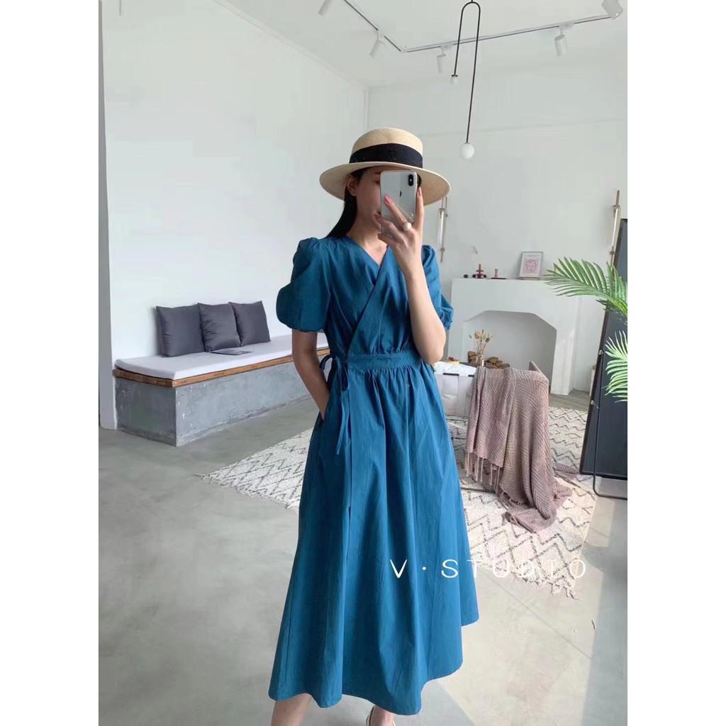 Đầm mầu trơn vạt chéo buộc nơ ngắn tay