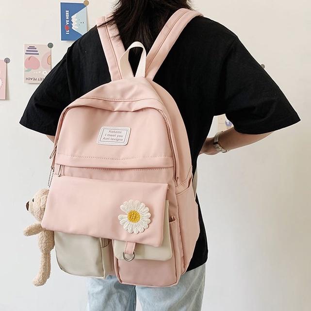 Balo ULZZANG, balo thời trang- BL223, nhiều ngăn, vải chống thấm nước- Tặng kèm Sticker, bóng, gấu