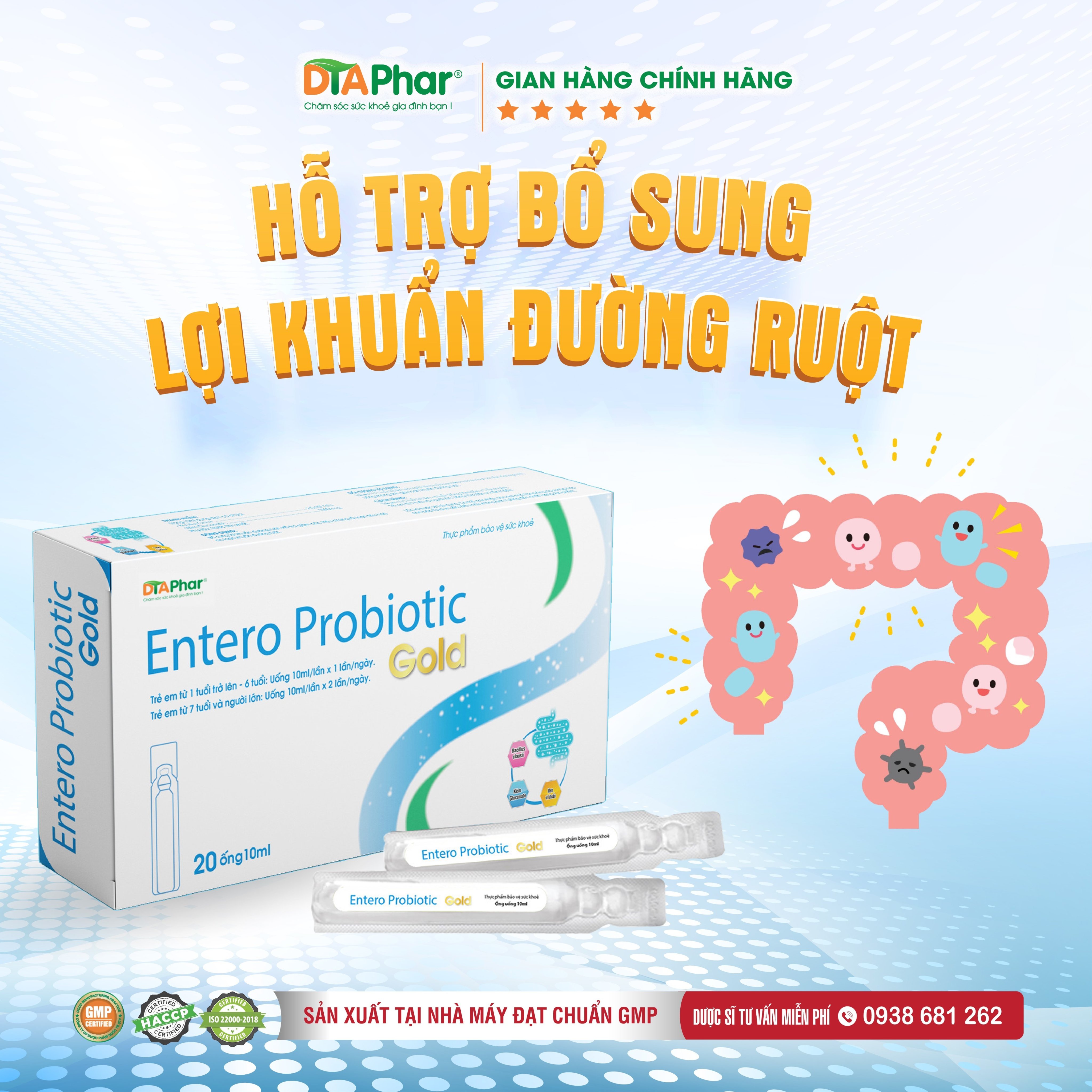 Entero Probiotic Gold hỗ trợ bổ sung lợi khuẩn đường ruột giúp tiêu hoá tốt Hộp 20 ống/10ml Tâm An Pharma 