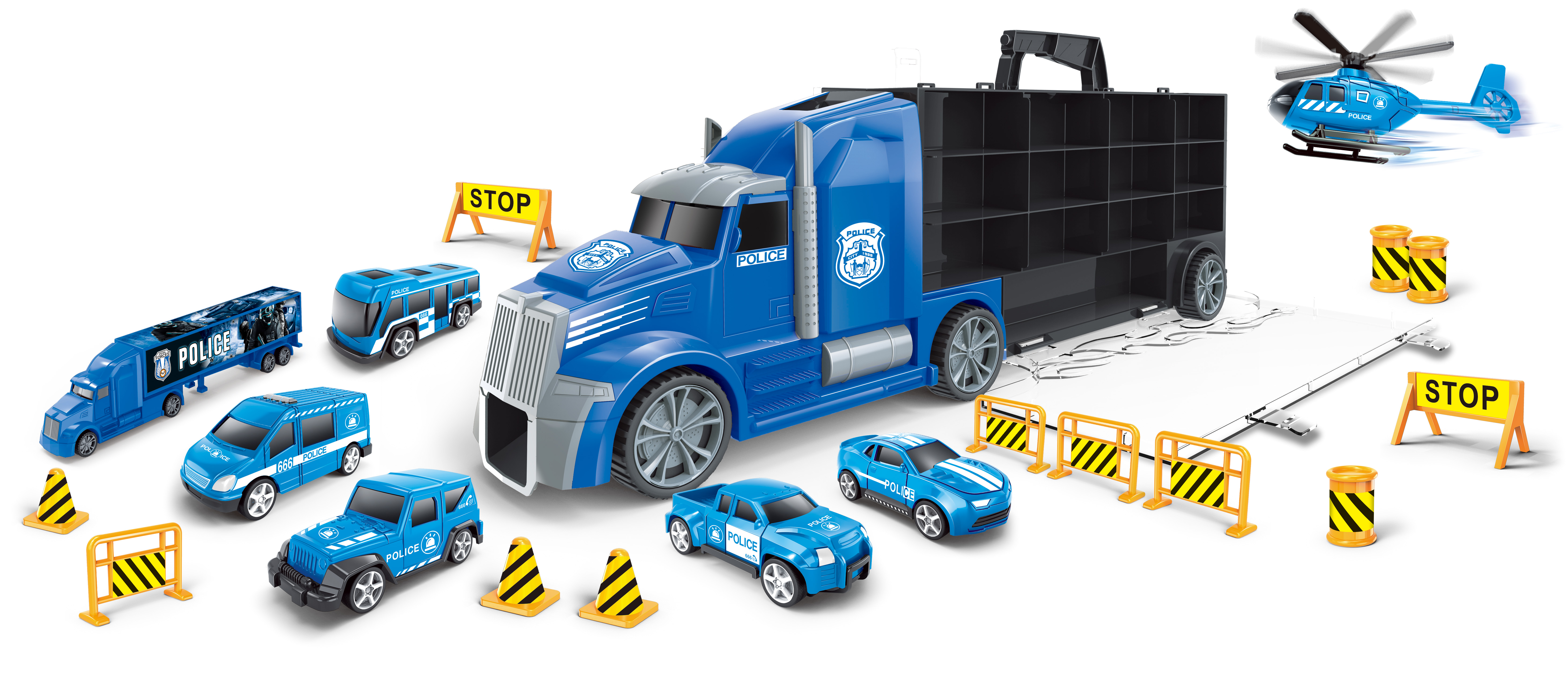 TOYSTAR - 666-02H Mô hình Bộ xe tải vận chuyển gồm 6 ô tô, 1 máy bay, 12 biển báo giao thông