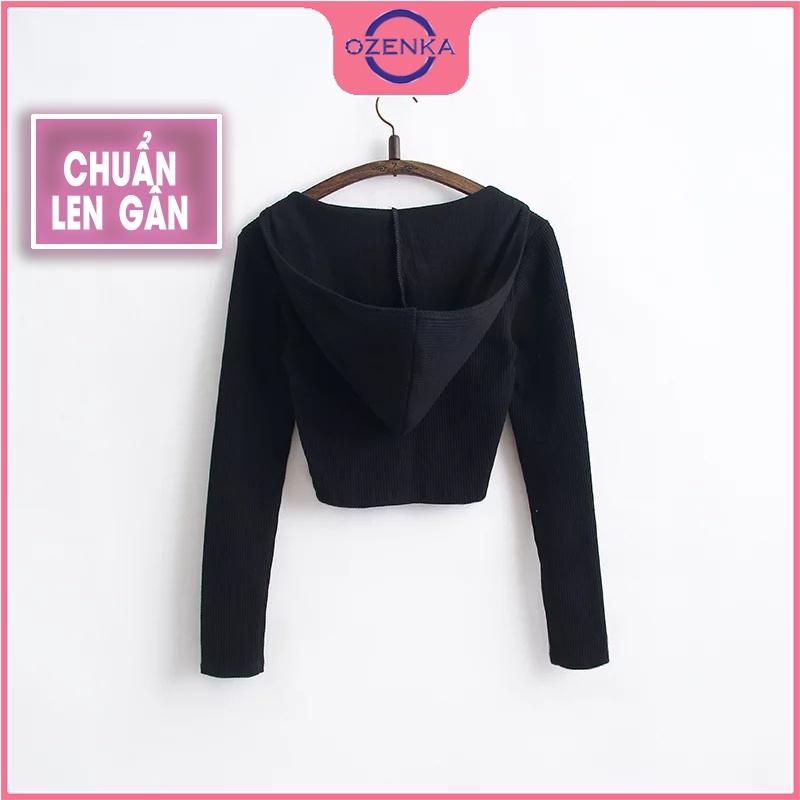 Áo croptop tay dài có mũ nữ OZENKA , crt ôm body đẹp len gân 100% cotton màu đen trắng freesize dưới 50 kg