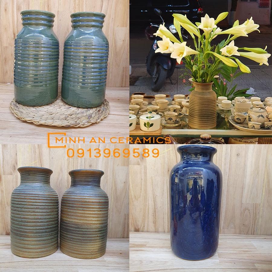 Bình hoa dáng chai béo men hỏa biến, men mộc gốm Minh An Bát Tràng