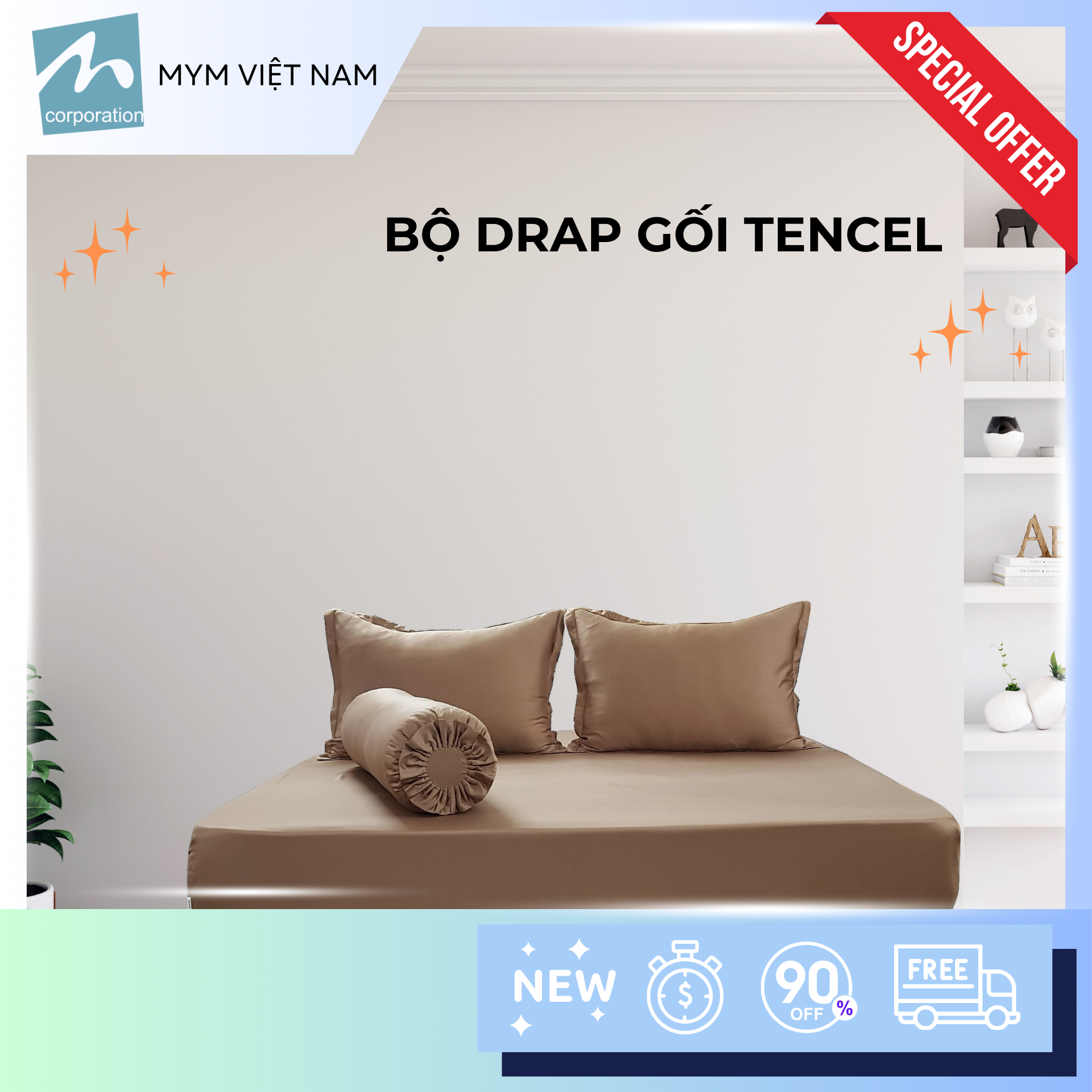 Bộ drap gối MYM chất liệu vải Tencel màu 160CM x 200CM x 30CM