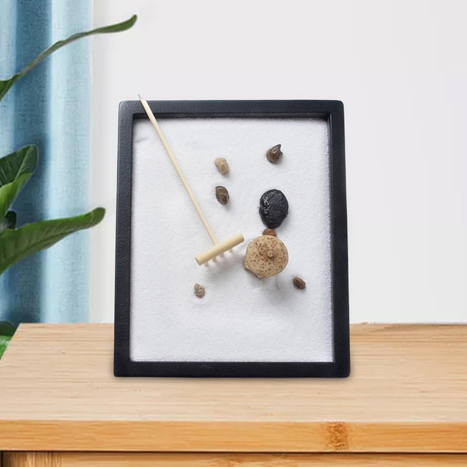 Mini Desk Decoration Gifts Meditation Relaxation Yoga Miniatures Wooden Tray Rake Ornaments Desktop Sandbox Rocks for Living Room Office
