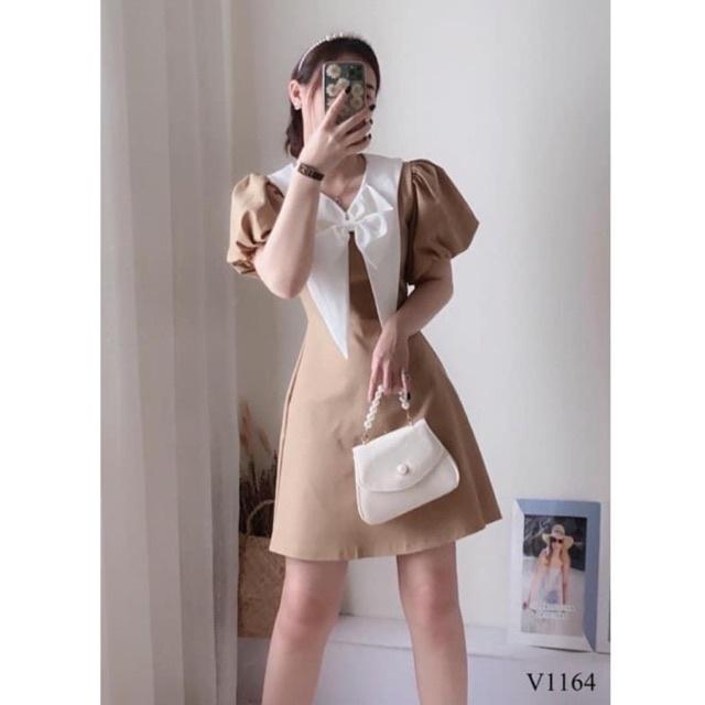 Đầm nude cổ nơ trắng