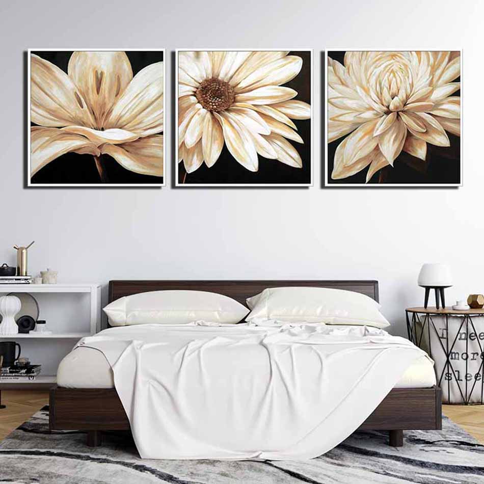 Bộ 3 tranh canvas treo tường decor hoa trắng - DC009