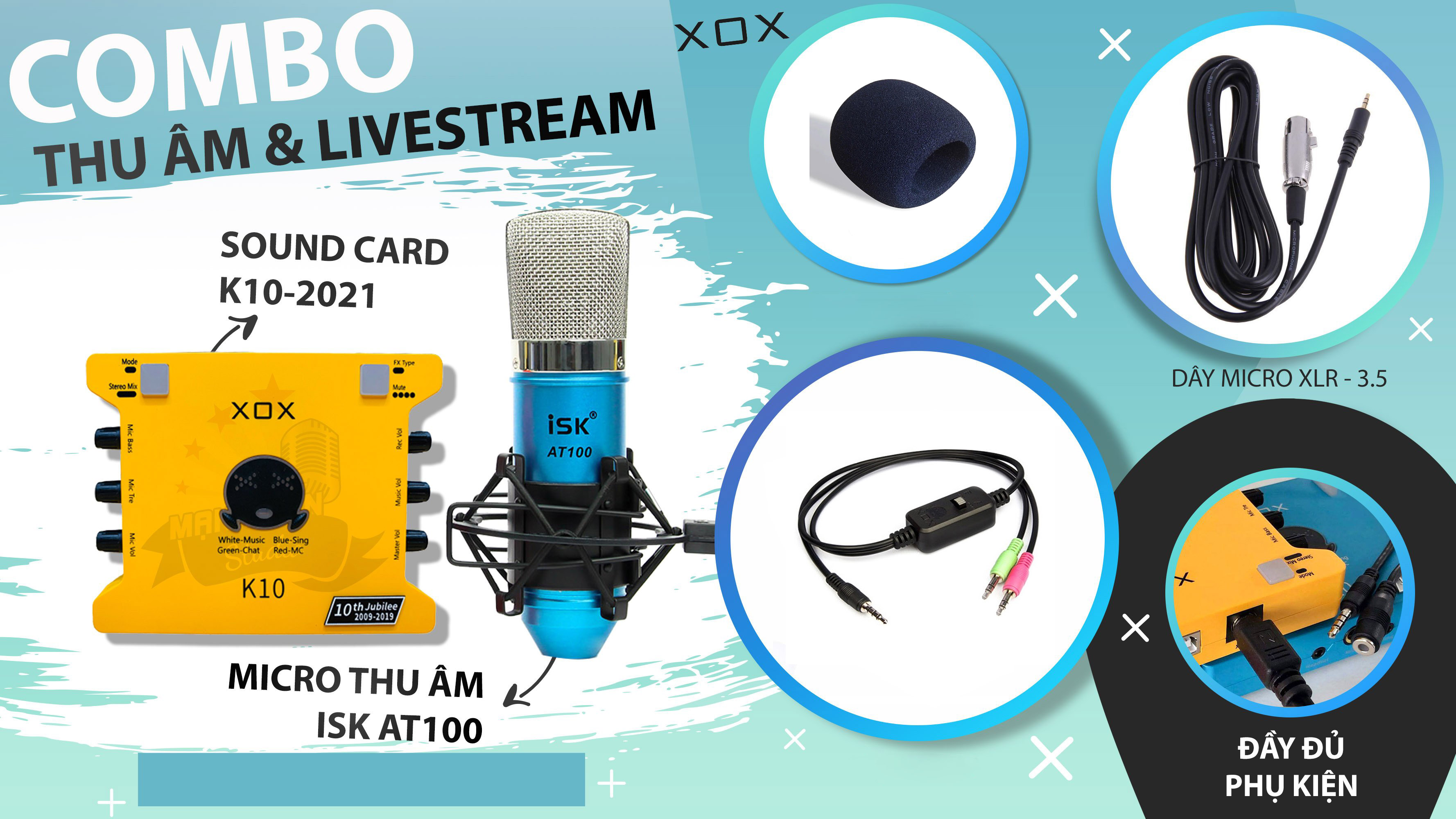 Combo Bộ Míc Thu Âm Livestream Hát Karaoke Online Micro AT100 + CARD K10+ dây live MA2 Hàng nhập khẩu